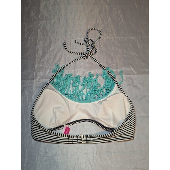 PINK Victoria Secret bikini swim TOP Striped & Aqua fringe halter Size Small - Picture 9 of 14